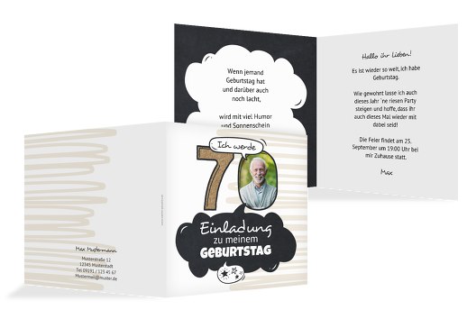 Geburtstagseinladung Comic 70 Hellbraun 145x145mm