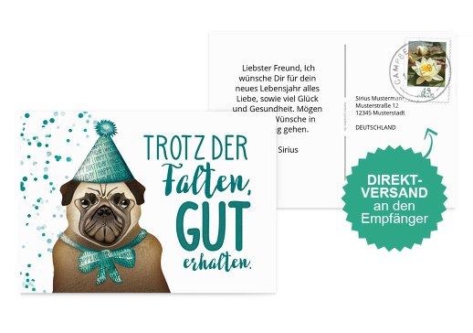 Glückwunschkarte zum Geburtstag Mops Weiß 148x105mm
