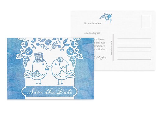 Save-the-Date Vogelpaar MattBlau 148x105mm