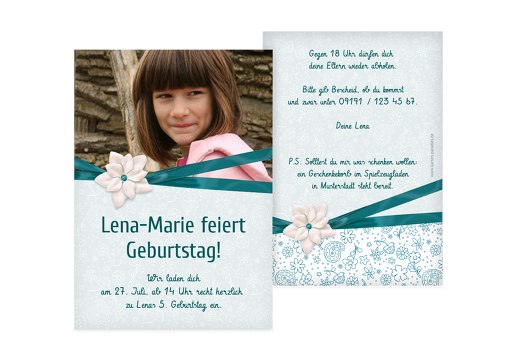 Einladung zum Kindergeburtstag Foto Jasmin Türkisblaukräftig 105x148mm