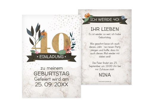Geburtstagseinladung Blumenzahl 40 Hellbraun 105x148mm