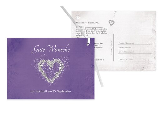 Hochzeit Ballonkarte glamour heart LilaFlieder 148x105mm