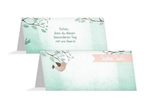 Taufe Tischkarte Vögelchen PastellHellTürkis 100x44mm
