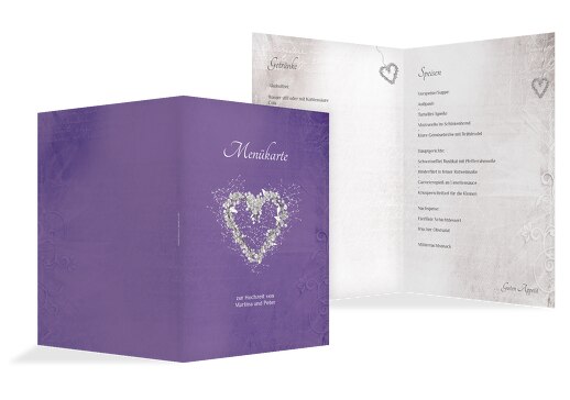 Hochzeit Menükarte glamour heart LilaFlieder 148x210mm