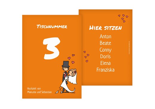 Tischnummer Comic Brautpaar Orange 105x148mm