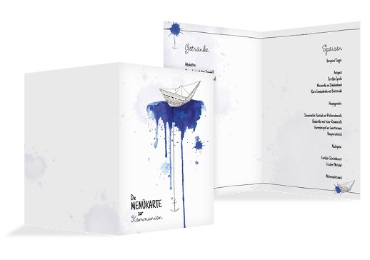 Kommunion Menükarte Origamischiff Blau 148x210mm