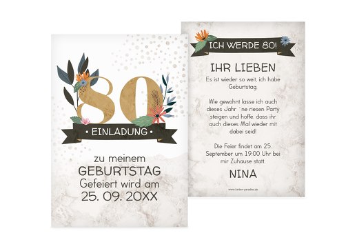 Geburtstagseinladung Blumenzahl 80 Hellbraun 105x148mm
