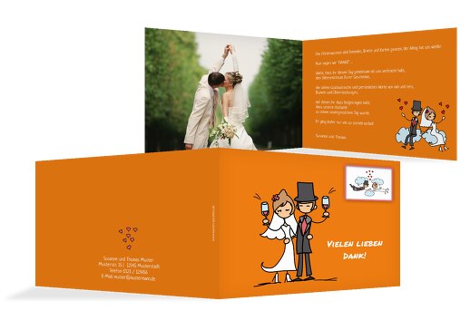 Hochzeit Dankeskarte Comic Brautpaar Orange 148x105mm