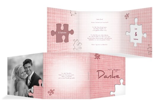 Hochzeit Dankeskarte Puzzle PastellHellRot 145x145mm
