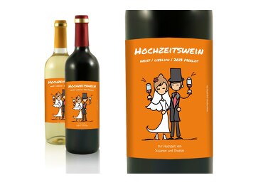 Hochzeit Flaschenetikett Comic Brautpaar