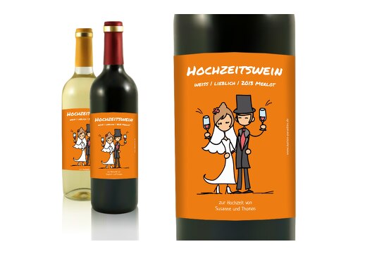 Hochzeit Flaschenetikett Comic Brautpaar Orange 90x120mm