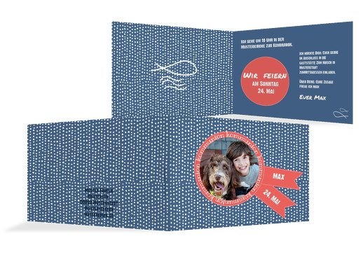 Kommunion Einladung Punkte Blau 148x105mm