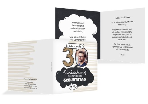 Geburtstagseinladung Comic 30 Hellbraun 145x145mm