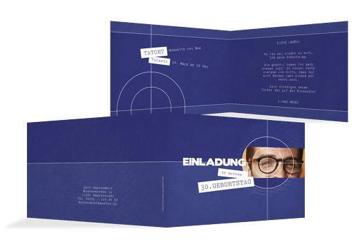 Geburtstagseinladung Foto Krimi 30 Blau 148x105mm