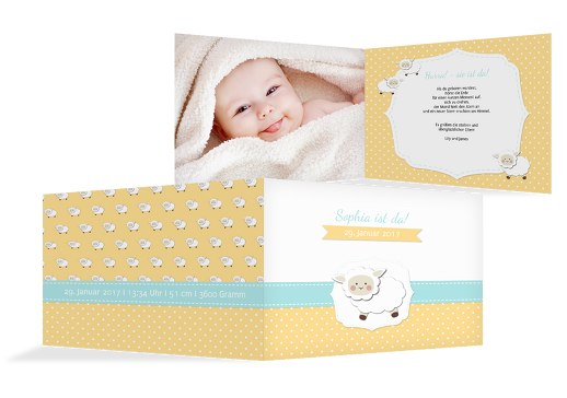 Babykarte Schäfchenherde SoftGelbOrange 148x105mm