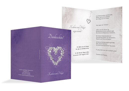 Hochzeit Dankeskarte 2 glamour heart LilaFlieder 105x148mm