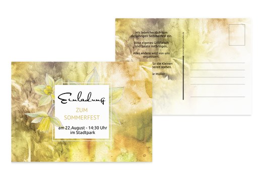 Einladung Sommerfest Flowertimeflow Orangegelb 148x105mm