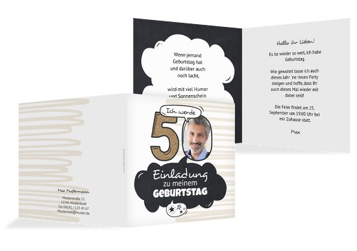 Geburtstagseinladung Comic 50 Hellbraun 145x145mm
