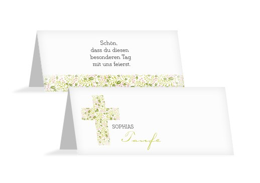 Taufe Tischkarte Blumenkreuz Lindgrün 100x44mm