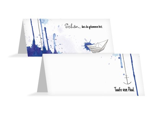 Taufe Tischkarte Origamischiff Blau 100x44mm