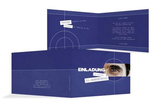 Geburtstagseinladung Foto Krimi 50 Blau 148x105mm