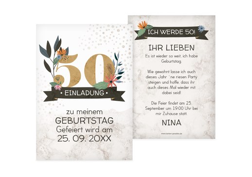 Geburtstagseinladung Blumenzahl 50 Hellbraun 105x148mm