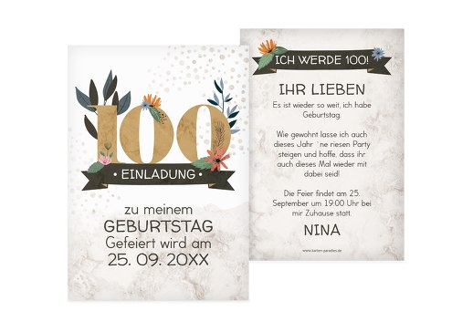 Geburtstagseinladung Blumenzahl 100 Hellbraun 105x148mm