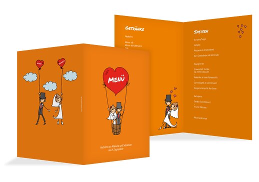 Hochzeit Menükarte Comic Brautpaar Orange 148x210mm