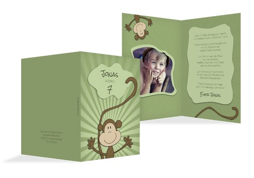 Einladung zum Kindergeburtstag Foto Affenparty DunkelPastellGrün 105x148mm