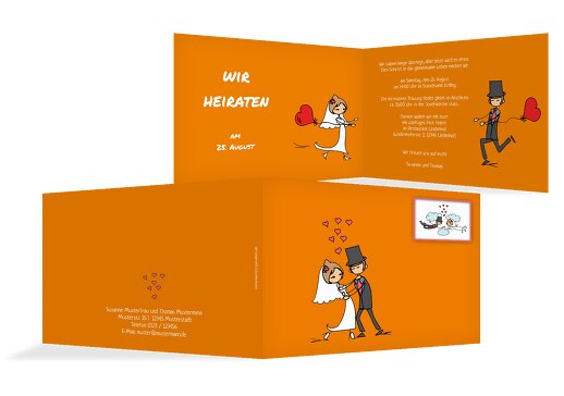 Hochzeit Einladung Comic Brautpaar Orange 148x105mm