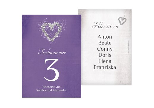 Tischnummer glamour heart LilaFlieder 105x148mm