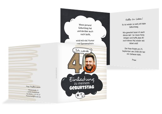 Geburtstagseinladung Comic 40 Hellbraun 145x145mm