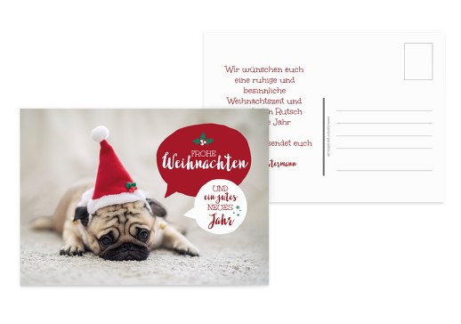 Grußkarte Weihnachtsmops Rot 148x105mm