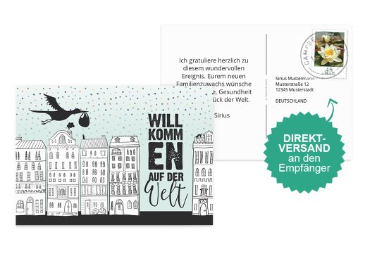 Glückwunschkarte zur Geburt Stadt Weiß 148x105mm