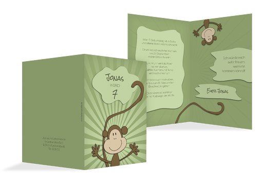 Einladung zum Kindergeburtstag Affenparty DunkelPastellGrün 105x148mm