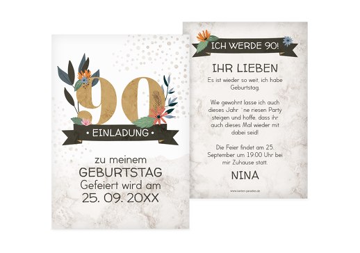 Geburtstagseinladung Blumenzahl 90 Hellbraun 105x148mm