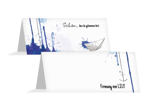 Firmung Tischkarte Origamischiff Blau 100x44mm