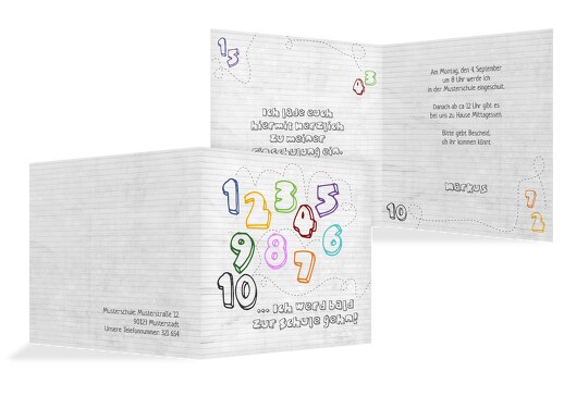 Einladung Einschulung eins bis zehn Weiß 145x145mm