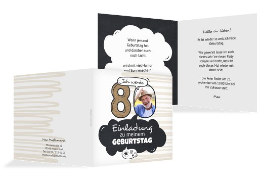 Geburtstagseinladung Comic 80 Hellbraun 145x145mm