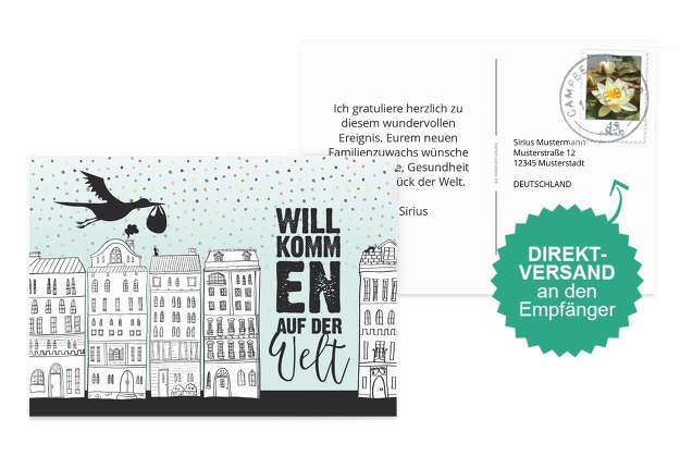 Glückwunschkarte zur Geburt Stadt